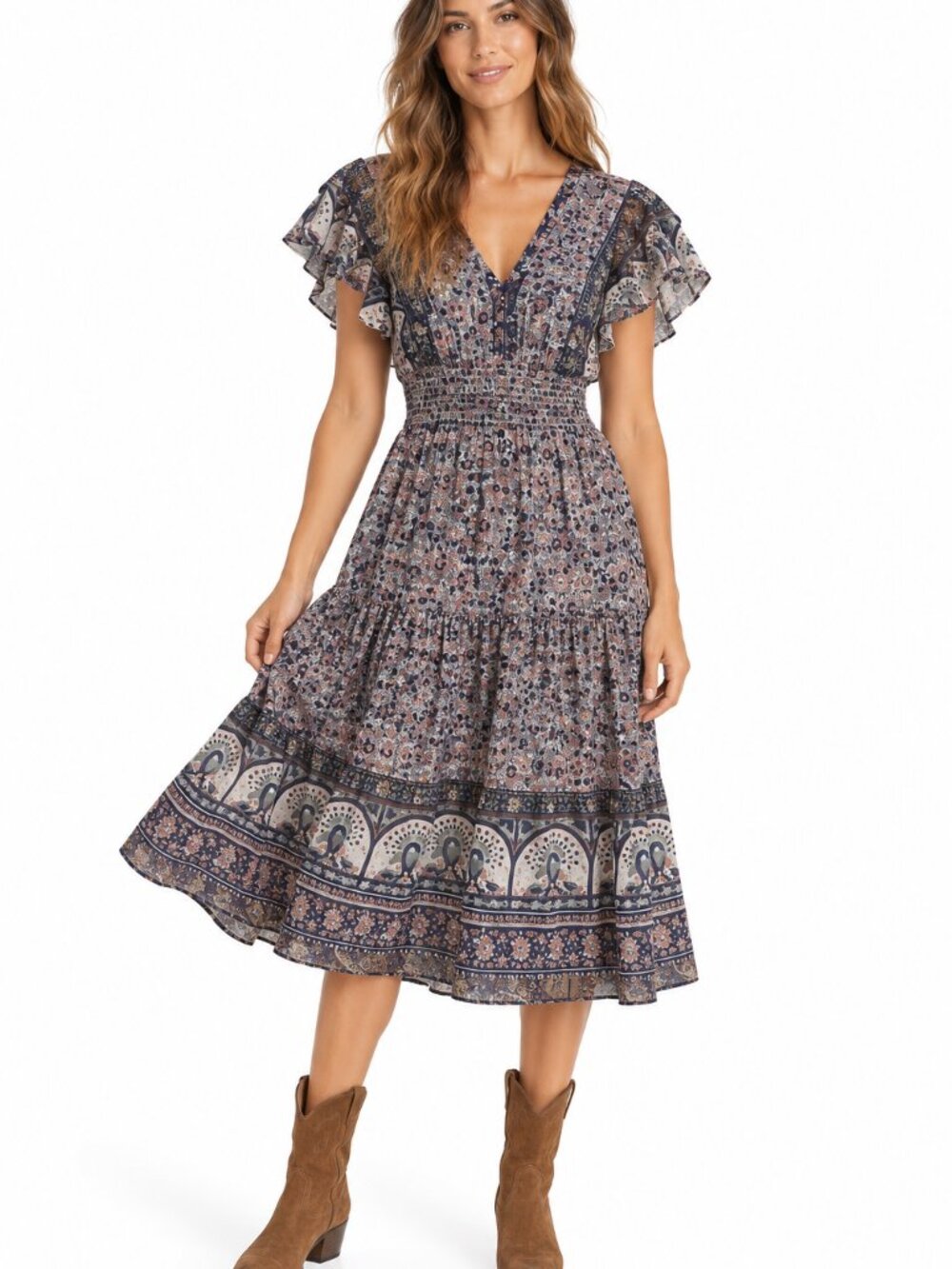 Jen's Pirate Booty x Free People Women's Floral Ruffle Sleeve Midi Dress Size XS